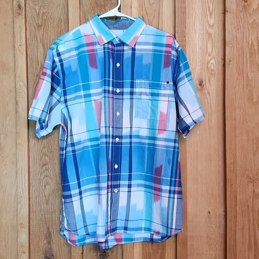 Tommy Bahama Short Sleeve Cotton Button Down Casual Shirt, Large, Blue & White